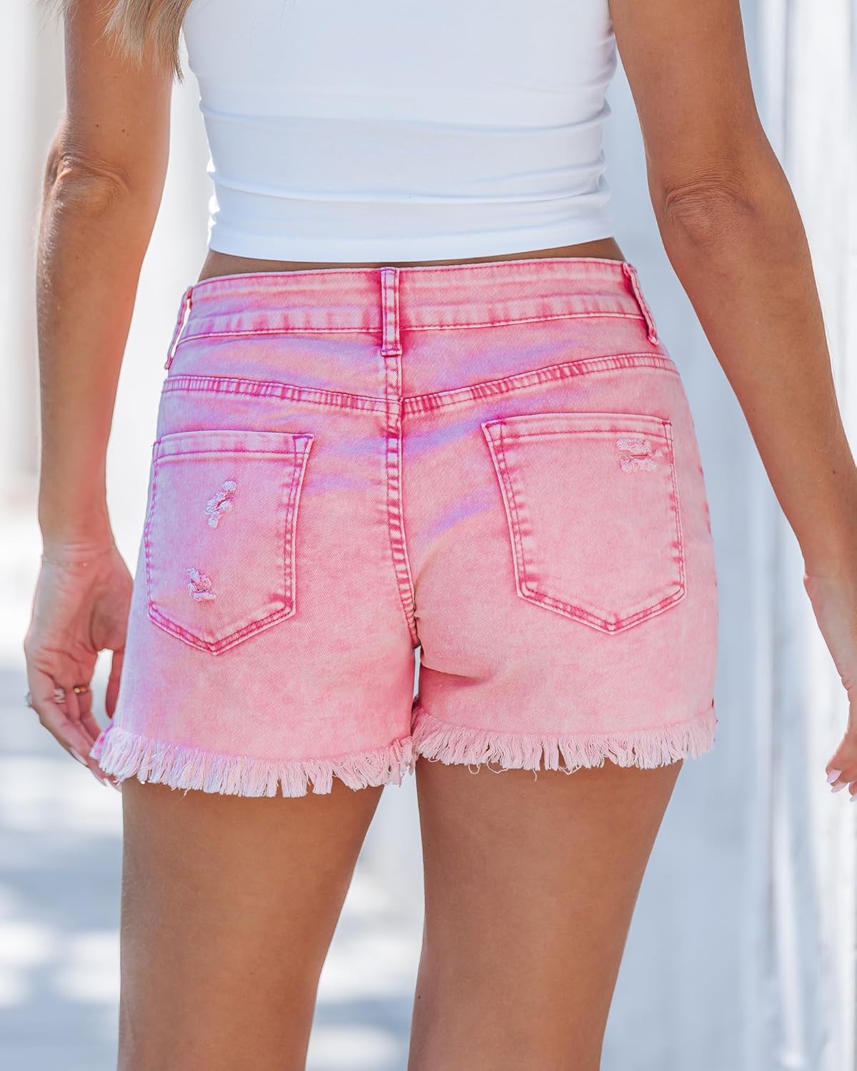 Women's Casual Mid Rise Stretch Ripped Raw Hem Denim Shorts