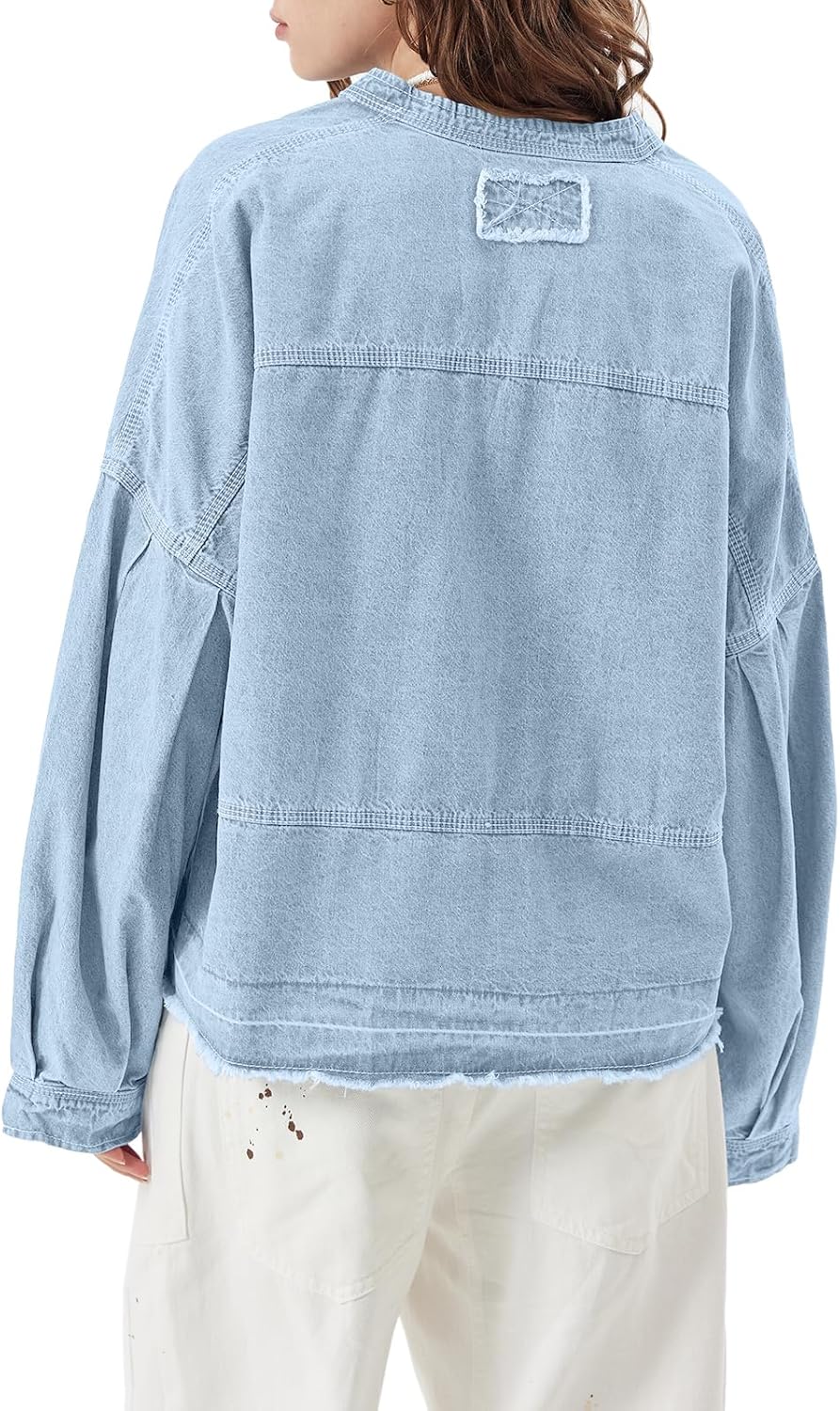 Womens Denim Tops Pullover Trendy Casual V Neck Loose Fit Puff Sleeve Jean Cotton Shirts
