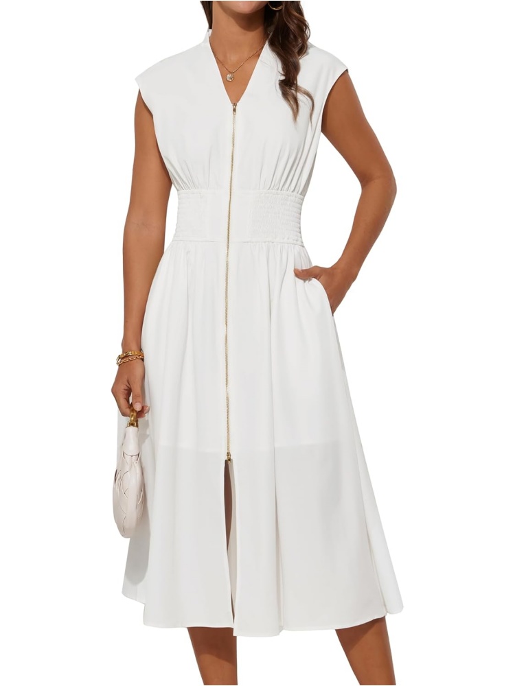 Womens Casual Zipper Front Flowy Midi Dress with Pockets