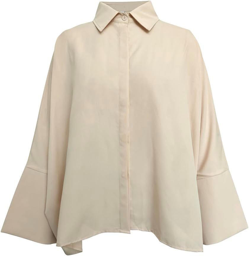 Womens Cotton Casual 3/4 Sleeve Loose Fit Collared Work Blouse Tops