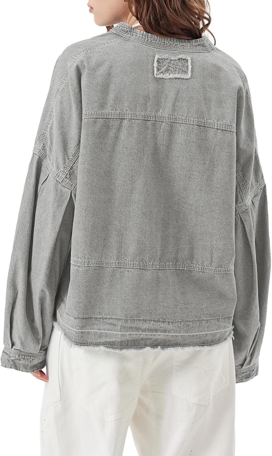 Womens Denim Tops Pullover Trendy Casual V Neck Loose Fit Puff Sleeve Jean Cotton Shirts