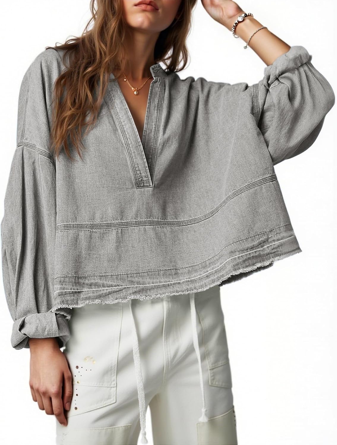 Womens Denim Tops Pullover Trendy Casual V Neck Loose Fit Puff Sleeve Jean Cotton Shirts