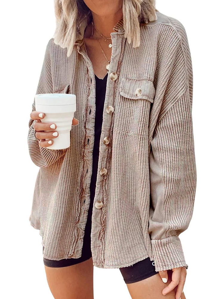 Women's Waffle Long Sleeve Button Down Shirt Jackets (buy 2 free shipping)
