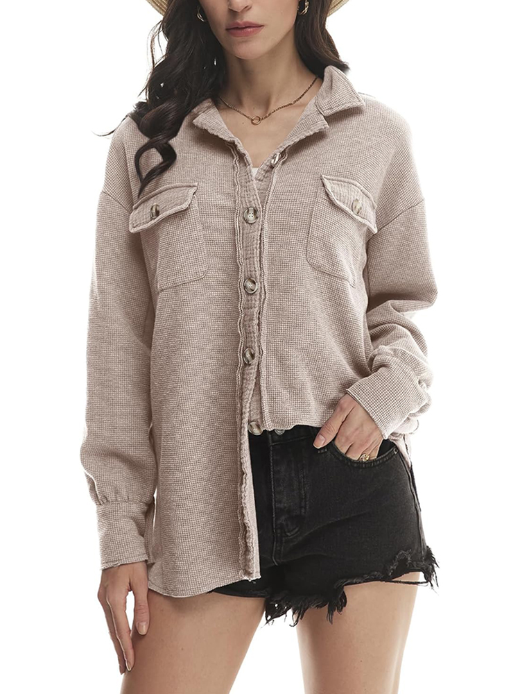 Women's Waffle Long Sleeve Button Down Shirt Jackets (buy 2 free shipping)
