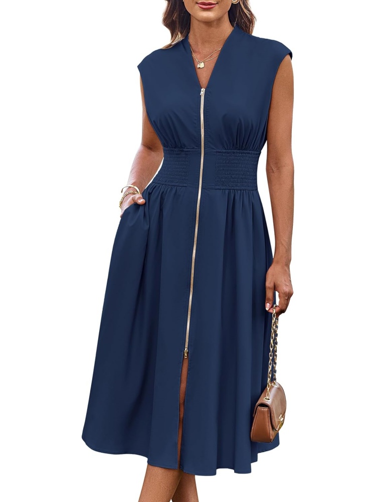 Womens Casual Zipper Front Flowy Midi Dress with Pockets