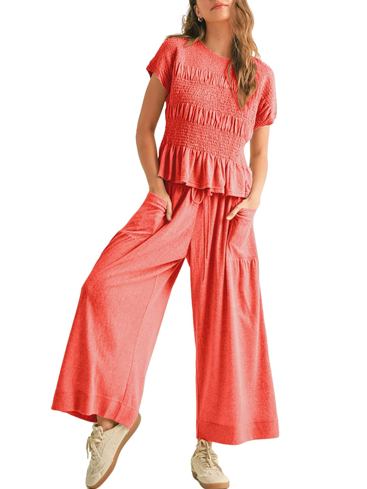 Women’s 2-Piece Smocked Top & Wide-Leg Pants Set (buy 2 free shipping)