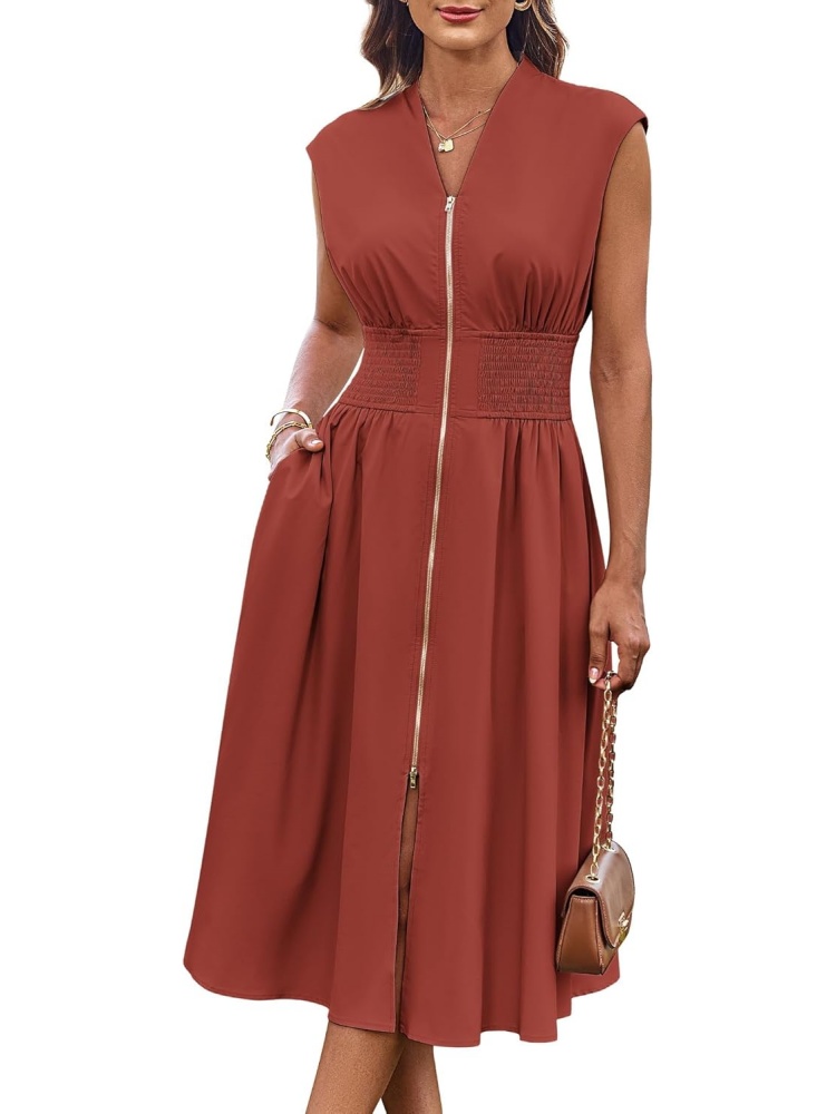 Womens Casual Zipper Front Flowy Midi Dress with Pockets