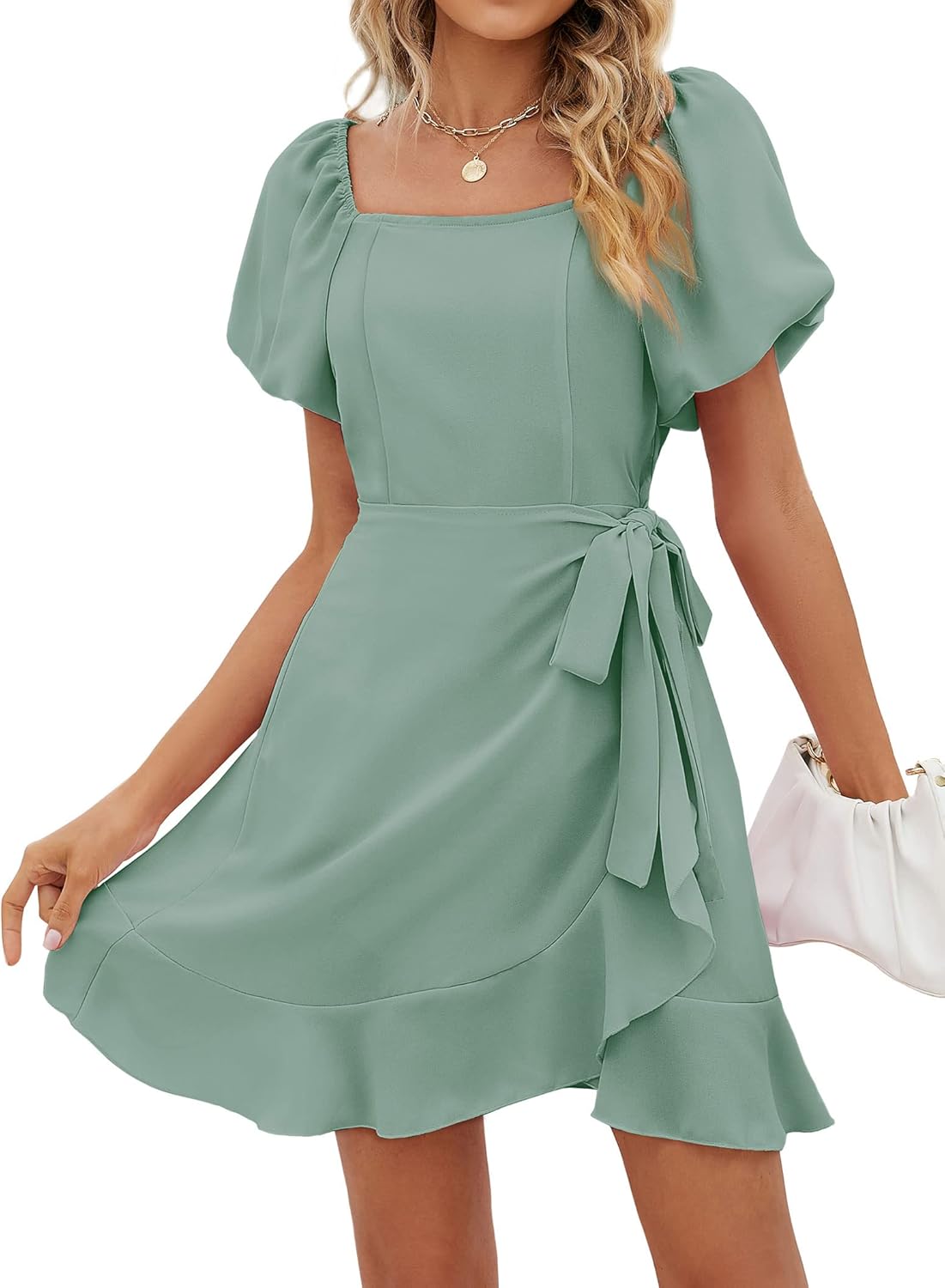 Womens Square Neck Puff Sleeve Tie Waist Short Dress (BUY 2 FREE SHIPPING)