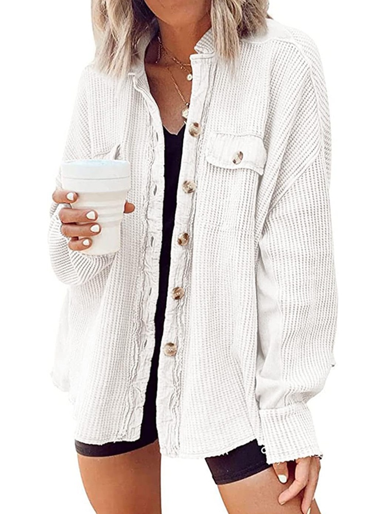 Women's Waffle Long Sleeve Button Down Shirt Jackets (buy 2 free shipping)