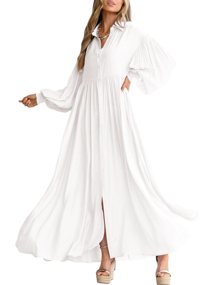 Womens Button Down Loose Lantern Long Sleeve Solid Shirt Dress With Pockets