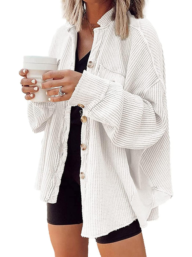 Women's Waffle Long Sleeve Button Down Shirt Jackets (buy 2 free shipping)