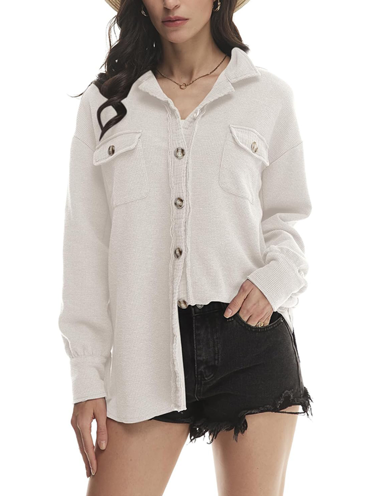 Women's Waffle Long Sleeve Button Down Shirt Jackets (buy 2 free shipping)