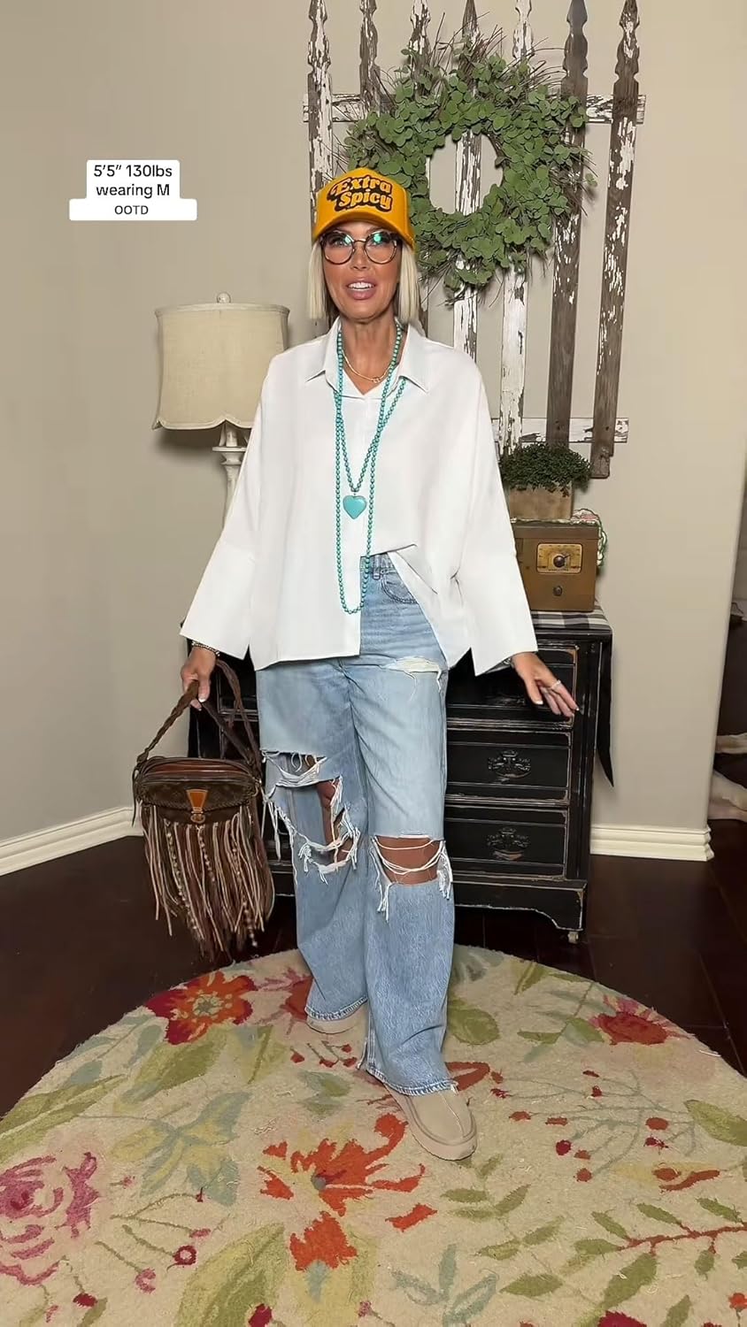 Womens Cotton Casual 3/4 Sleeve Loose Fit Collared Work Blouse Tops