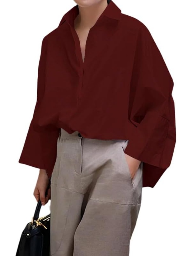 Womens Cotton Casual 3/4 Sleeve Loose Fit Collared Work Blouse Tops