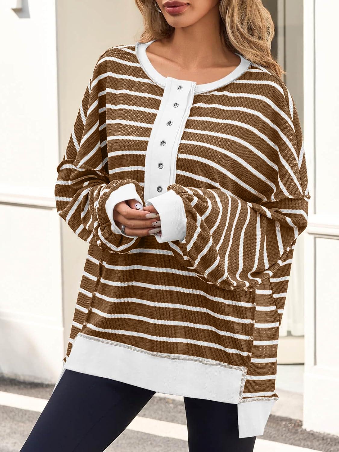 Women's Striped Oversized Sweatshirt Button Up Henley Neck Waffle Knit Pullover
