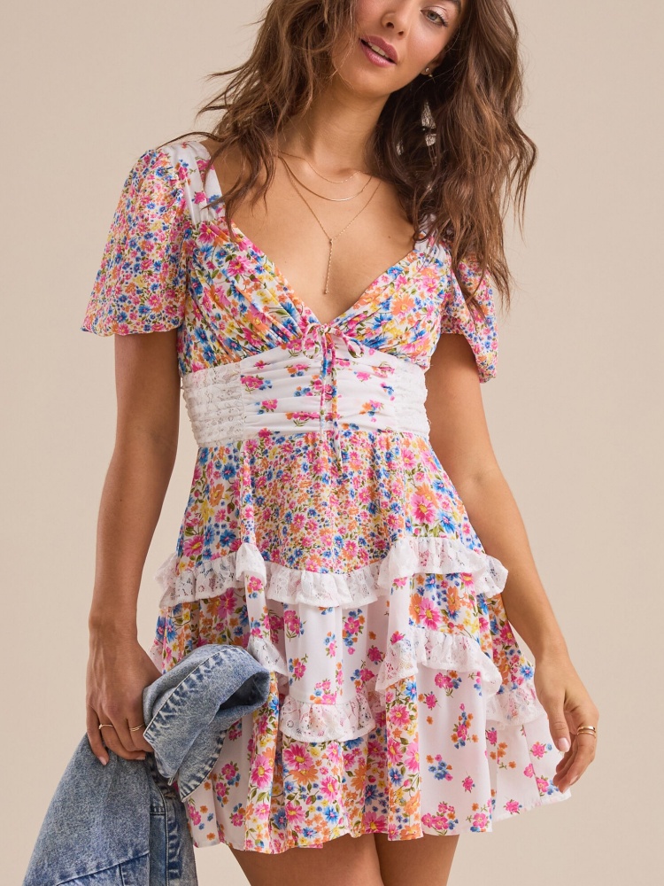 Womens Summer Ruffle Sleeve Floral Mini Dress (BUY 2 FREE SHIPPING)
