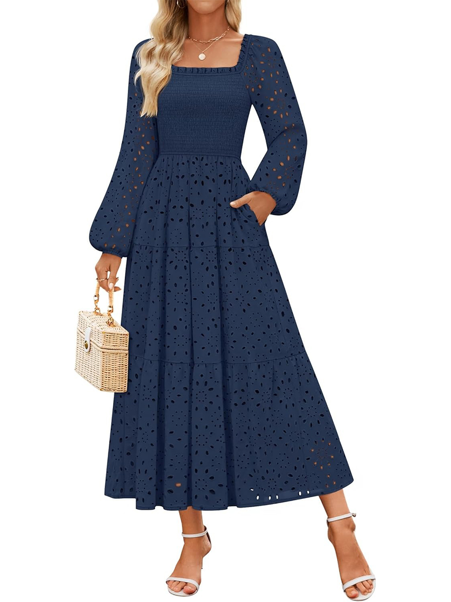Women's Square Neck Hollow Out Eyelet Smocked A Line Long Sleeve Dress