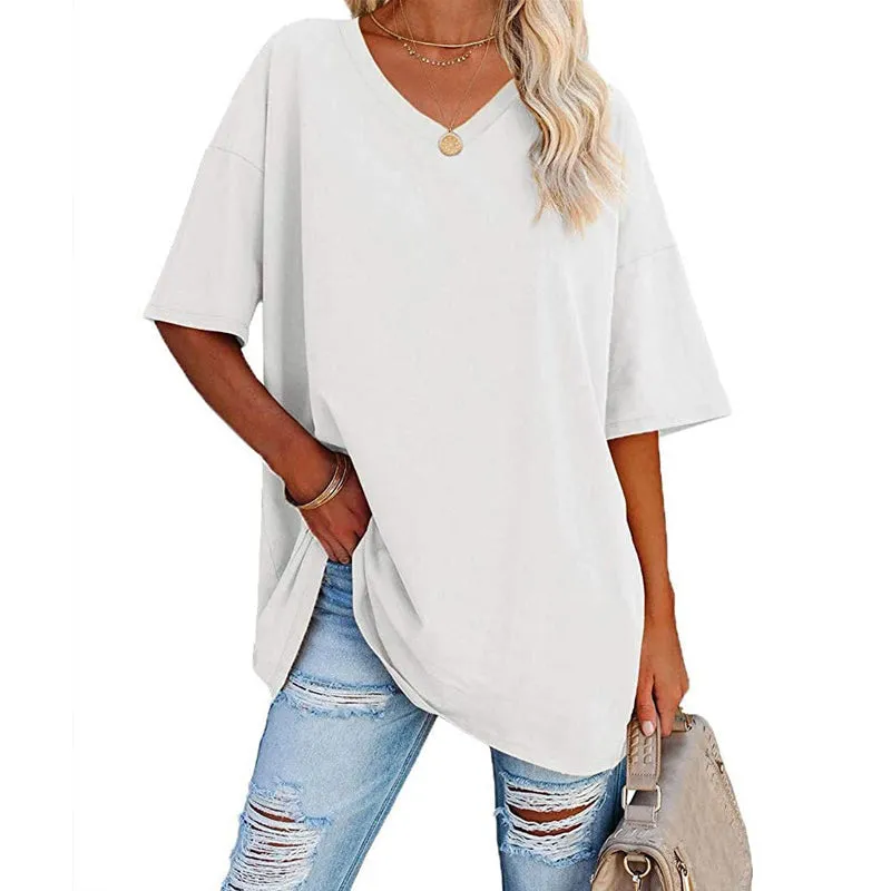 Women's Solid Colour Loose Short Sleeve V-Neck Top (Buy 3 Free Shipping)