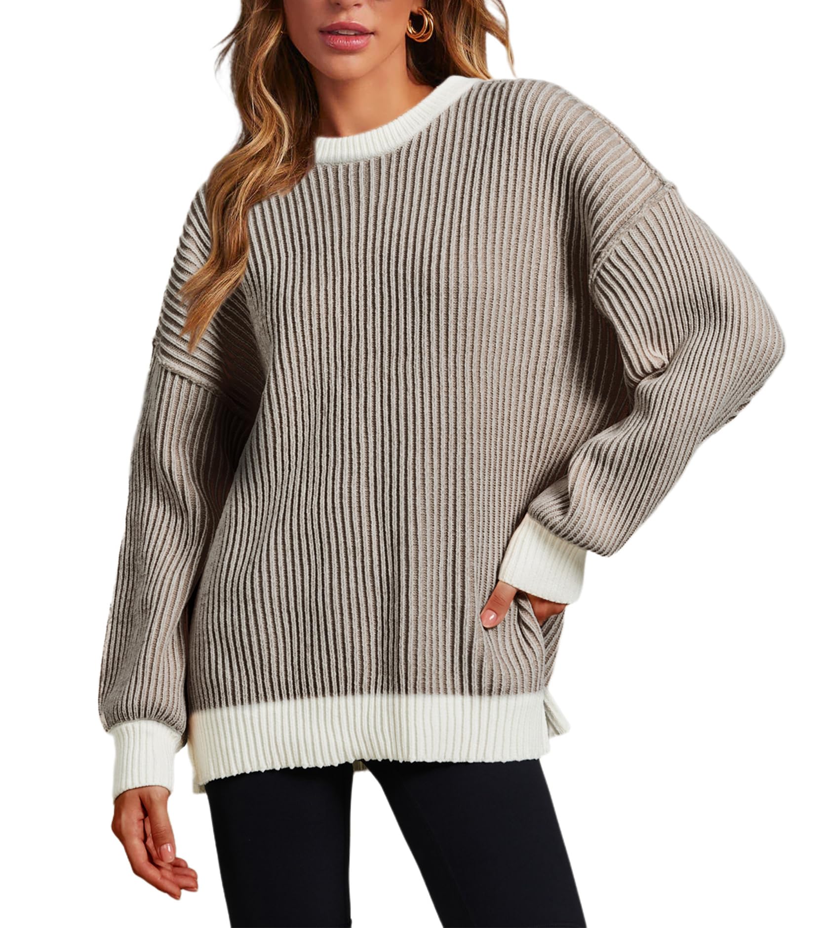 Women Striped Round Neck Rib Knit Blouse Sweater