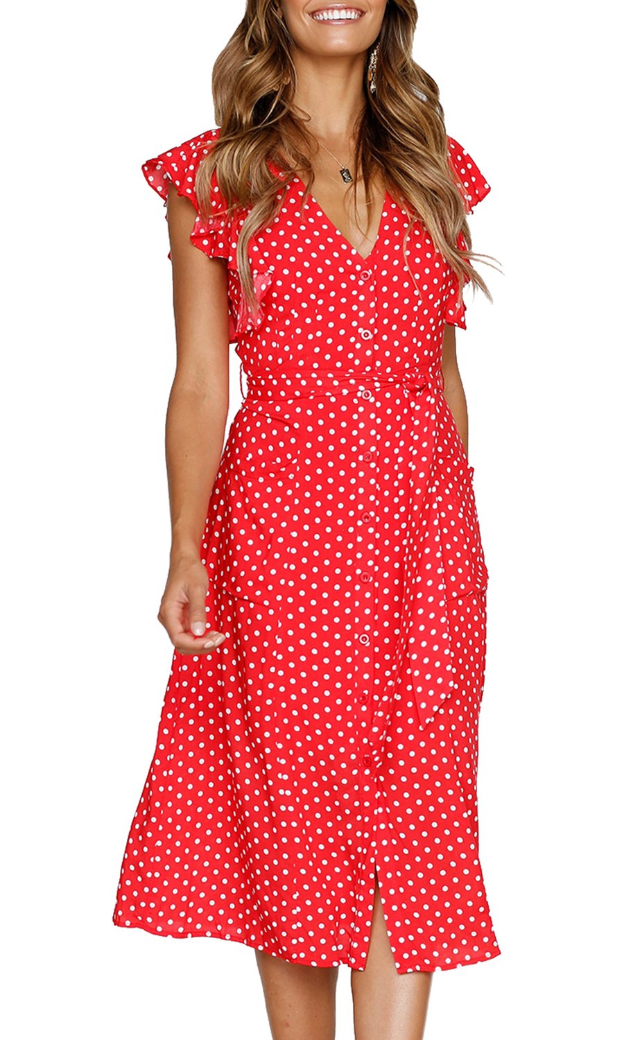 Women's Boho Polka Dot Short Sleeve V Neck Button Down  Midi Dress with Pockets