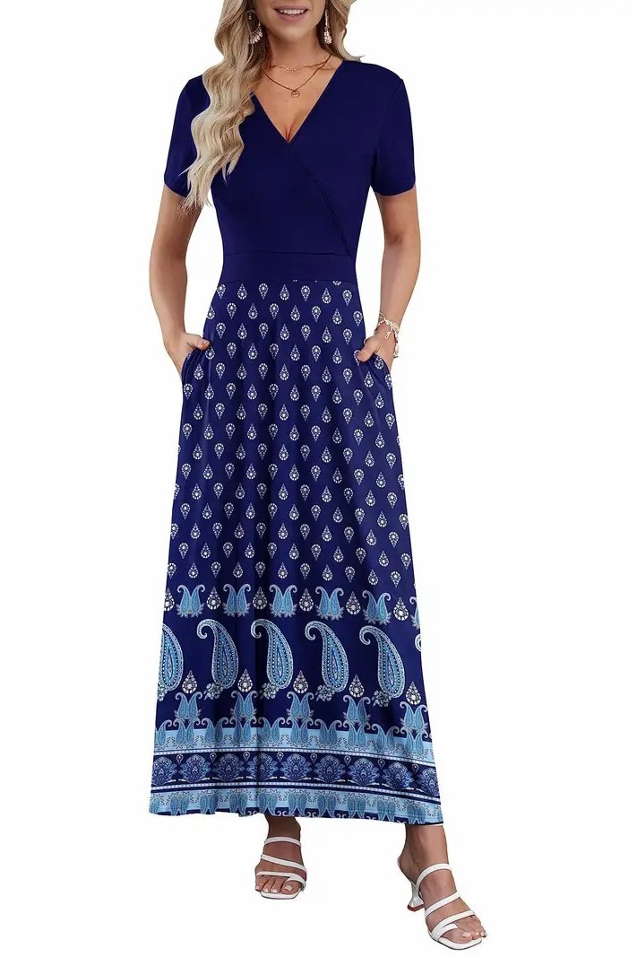 Women's V Neck Floral Print Beach Long Flowy Dress with Pockets