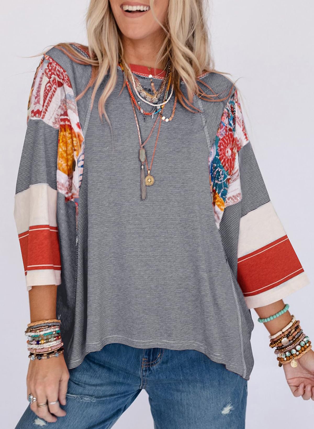 2025 New Women's 3/4 Length Sleeve Oversized Striped Patchwork Shirts(buy 2 free shipping)