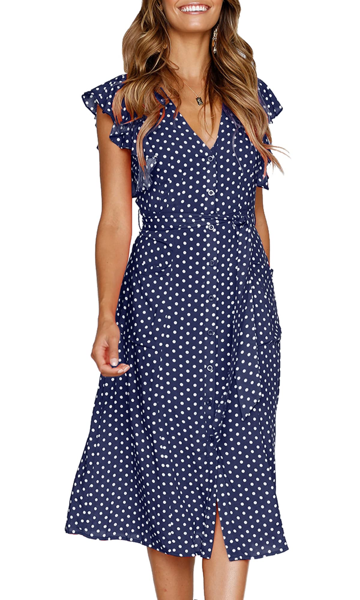 Women's Boho Polka Dot Short Sleeve V Neck Button Down  Midi Dress with Pockets