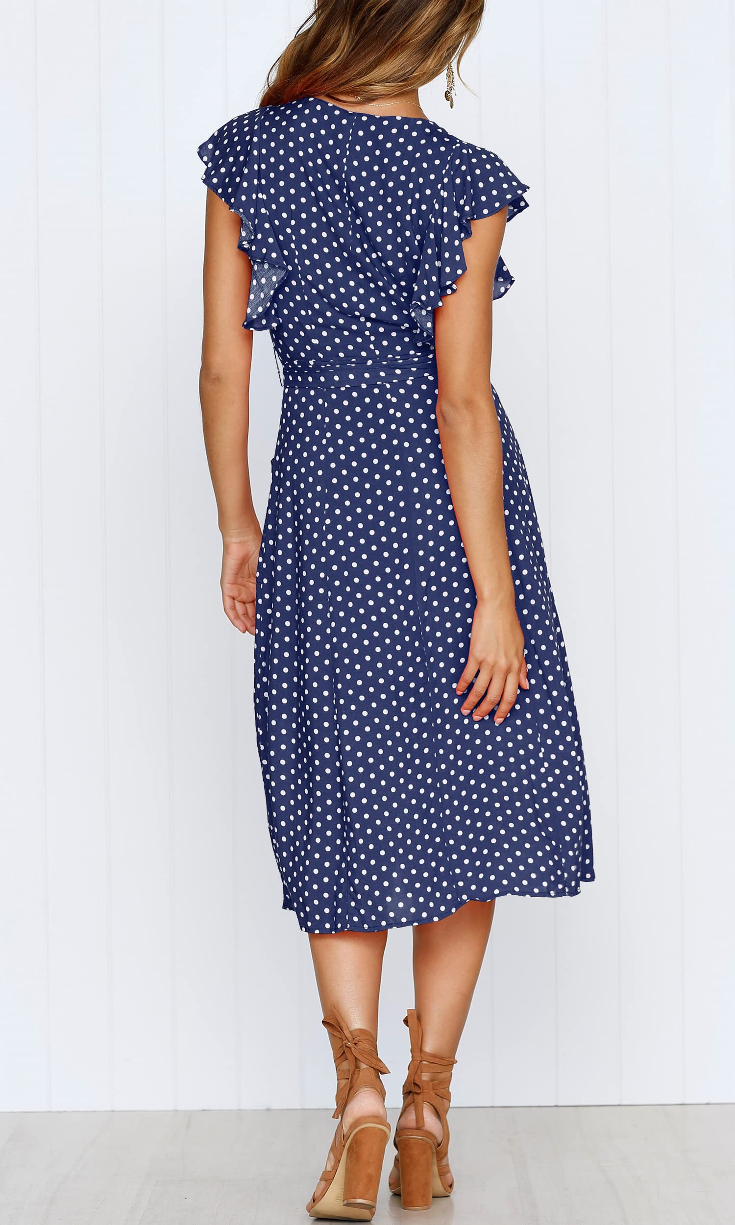 Women's Boho Polka Dot Short Sleeve V Neck Button Down  Midi Dress with Pockets