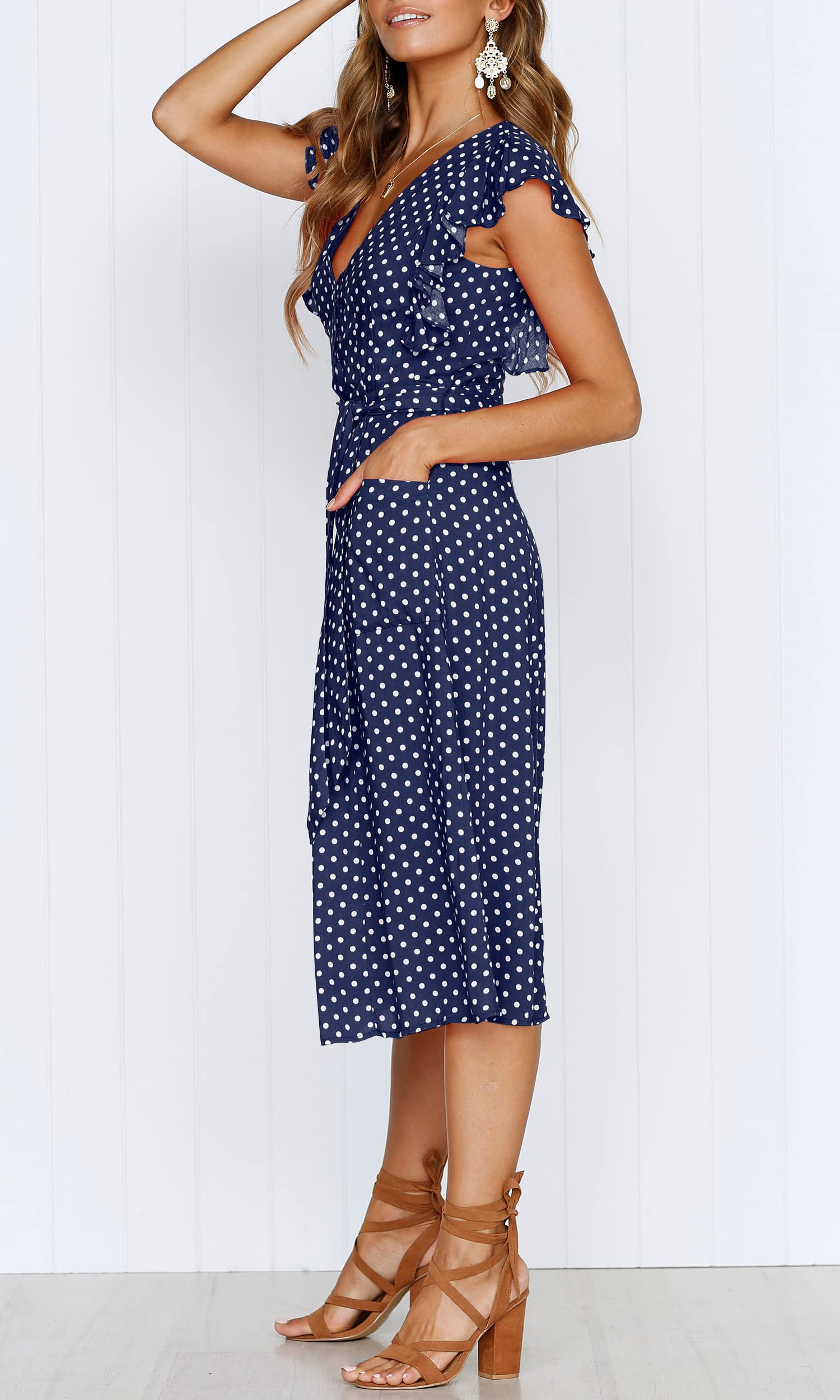 Women's Boho Polka Dot Short Sleeve V Neck Button Down  Midi Dress with Pockets