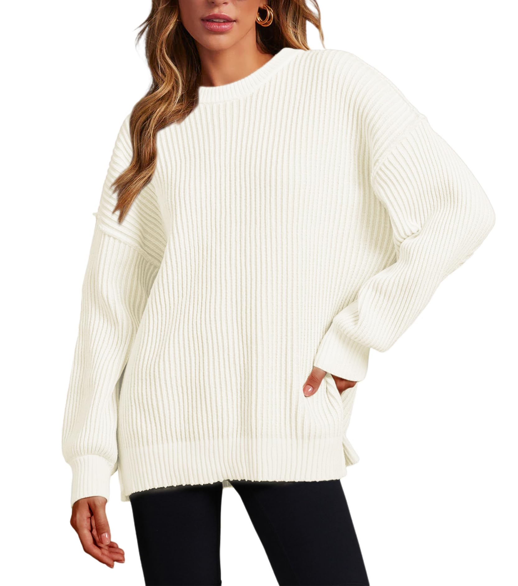 Women Striped Round Neck Rib Knit Blouse Sweater