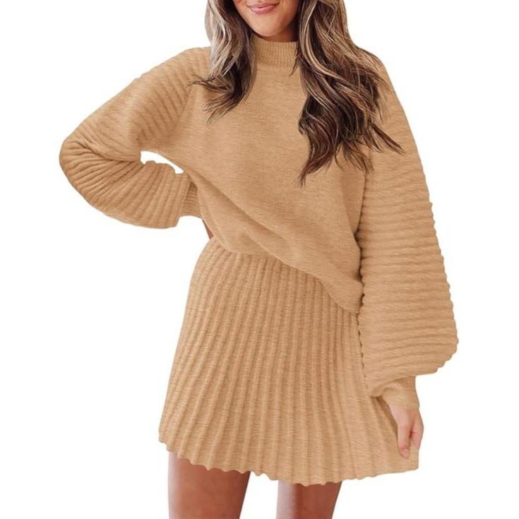 Women's 2 Piece Outfits Long Sleeve Mock Neck Ribbed Sweaters And Mini Skirt Two Piece Sets