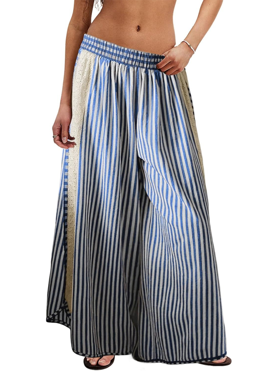 Women's Summer Casual Loose Striped Lace Patchwork Wide Leg Pants