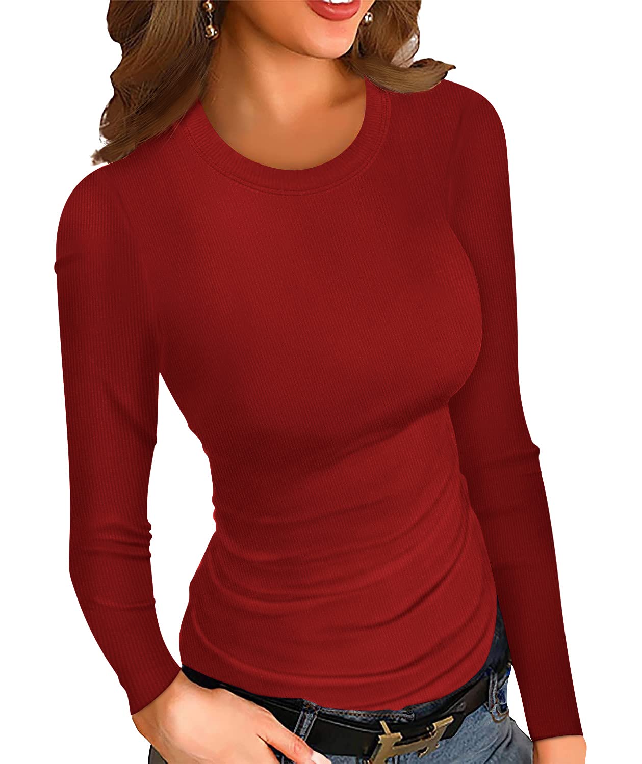 Womens Fall Long Sleeve Stretch Slim Round Neck Ribbed Basic Shirts