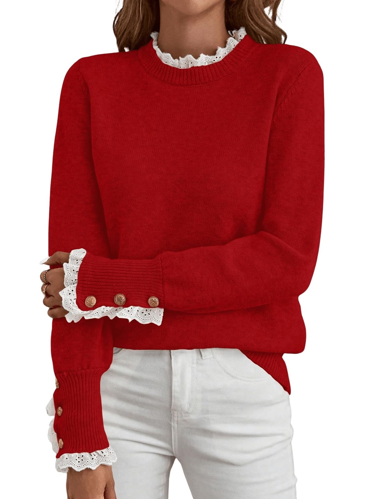 Women's Long Sleeve Knitted Button Lace Trim Sweater