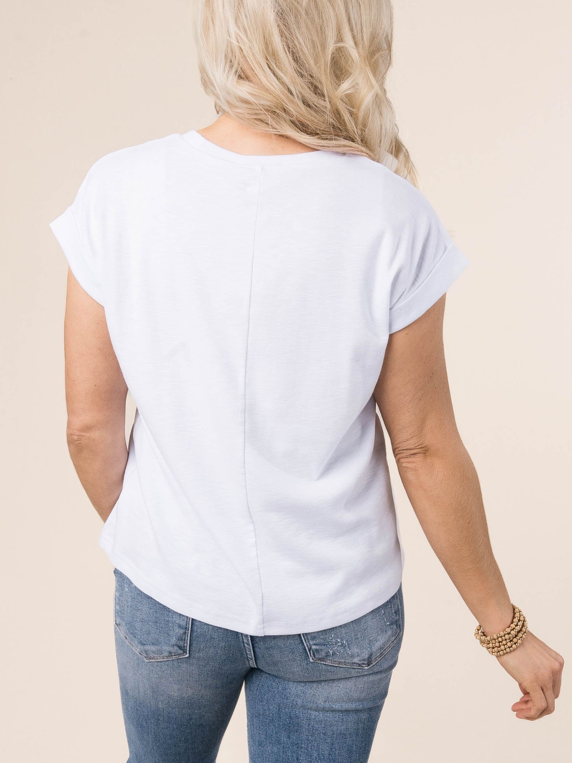 Women's Crew Neck Knit Rolled Cuff Short Sleeve Basic Tee