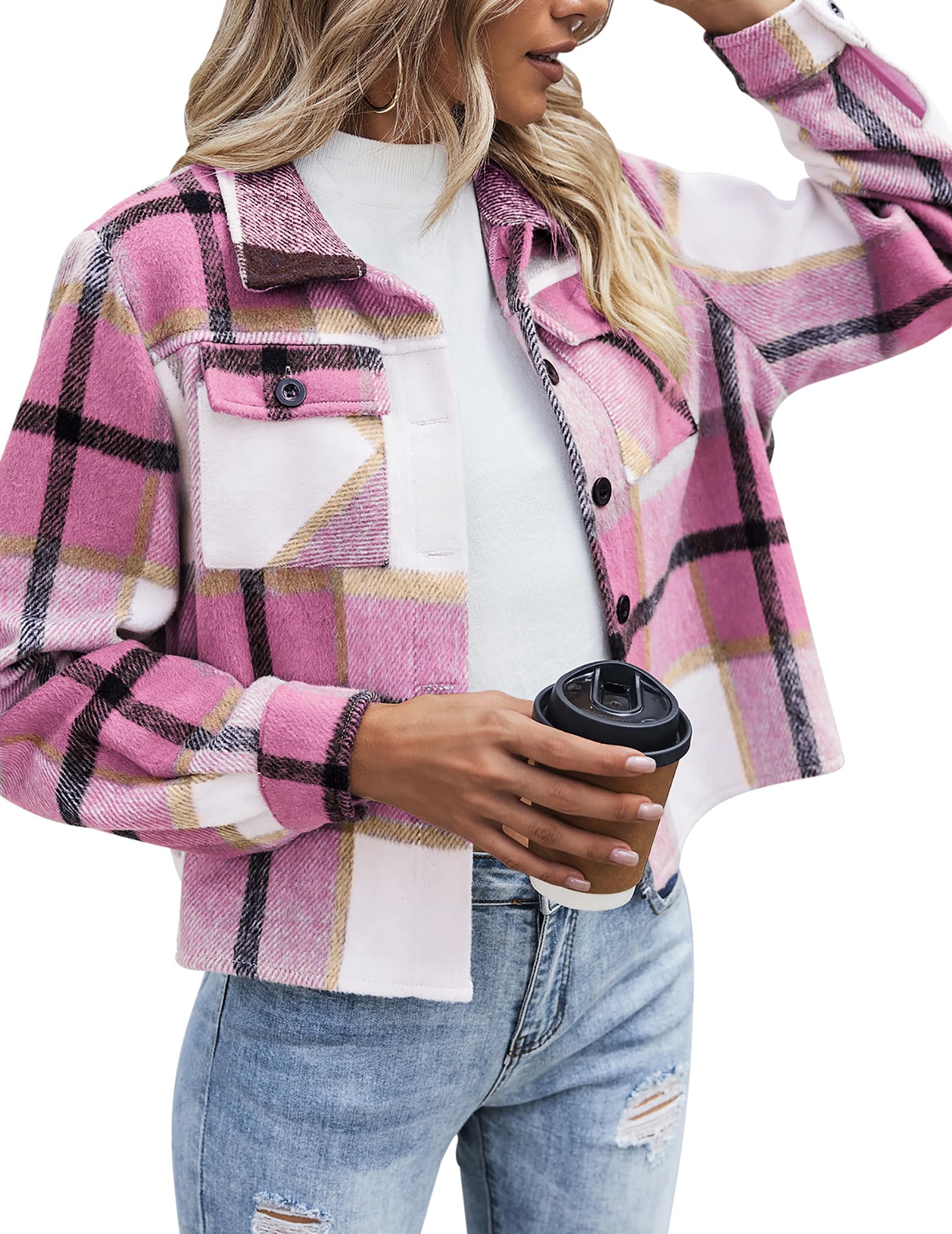 Women Flannel Plaid Button Down Cropped Jacket