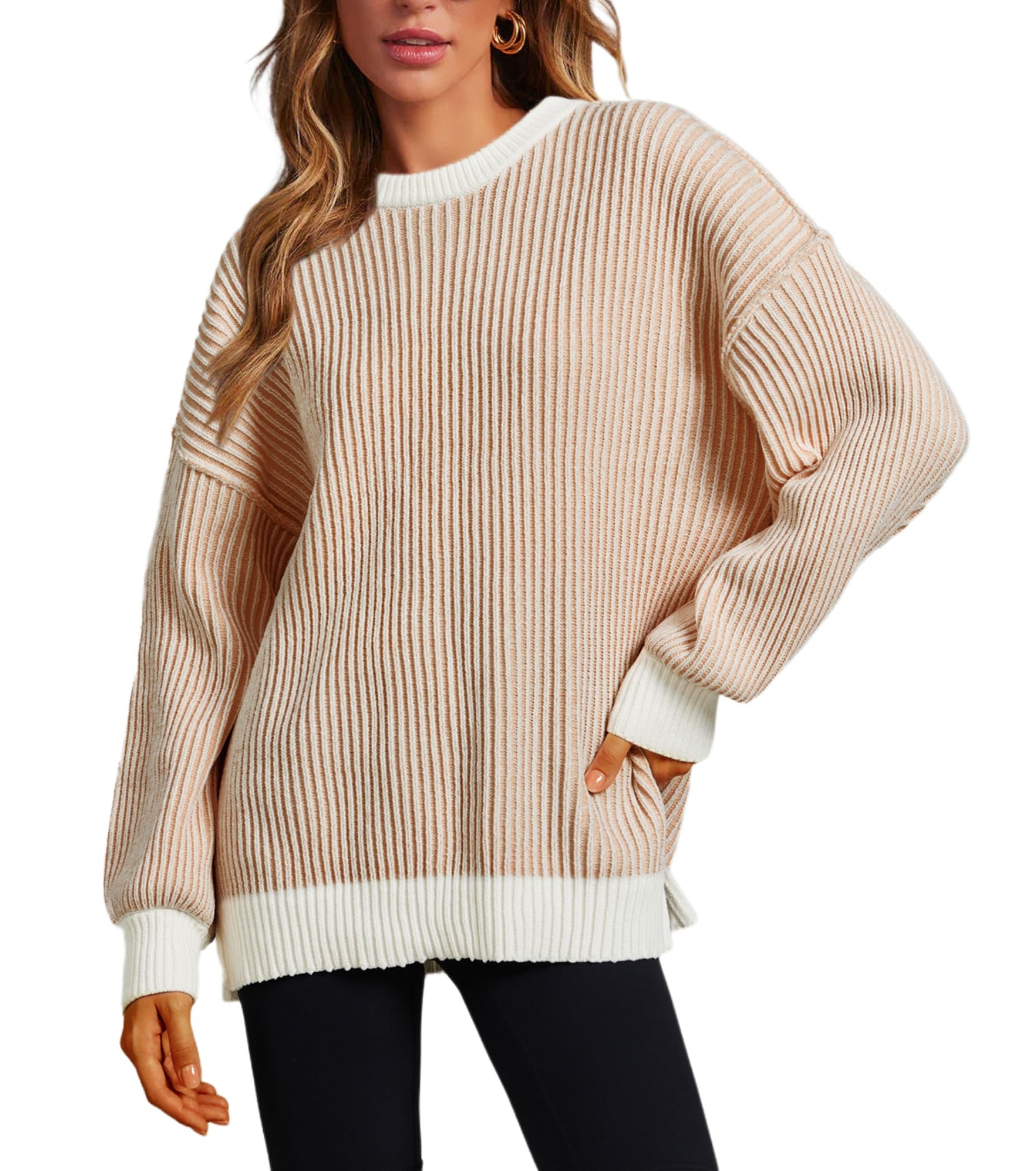 Women Striped Round Neck Rib Knit Blouse Sweater