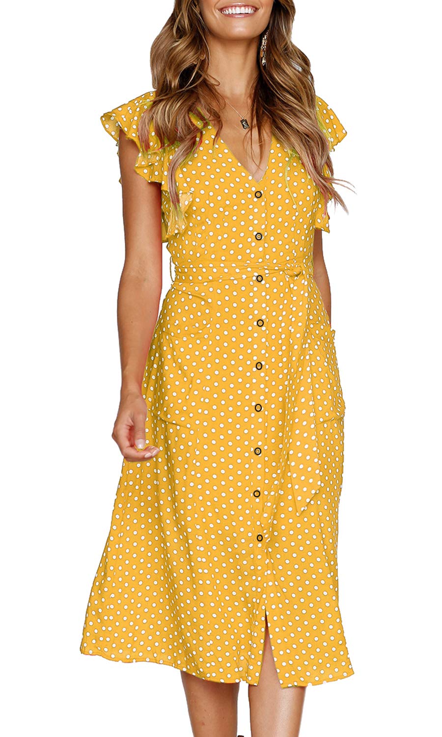 Women's Boho Polka Dot Short Sleeve V Neck Button Down  Midi Dress with Pockets