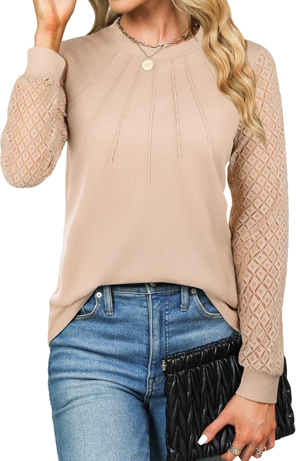 Women's Dressy Casual Lace Long Sleeve Knit Tops Shirts