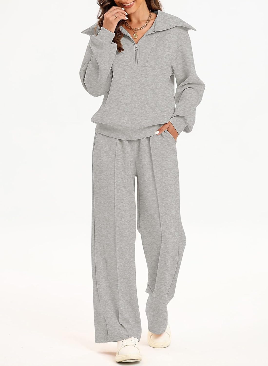 Women's Half Zip Sweatshirt & Wide Leg Sweatpant Tracksuit Set