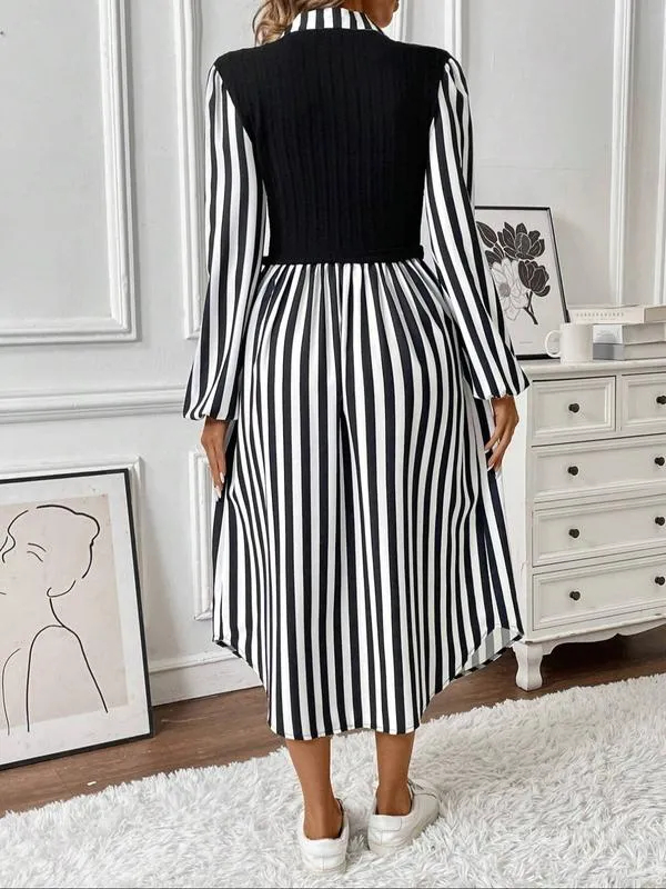 HOT SALE Women's Long Sleeve Striped Button Front Shirt Dress