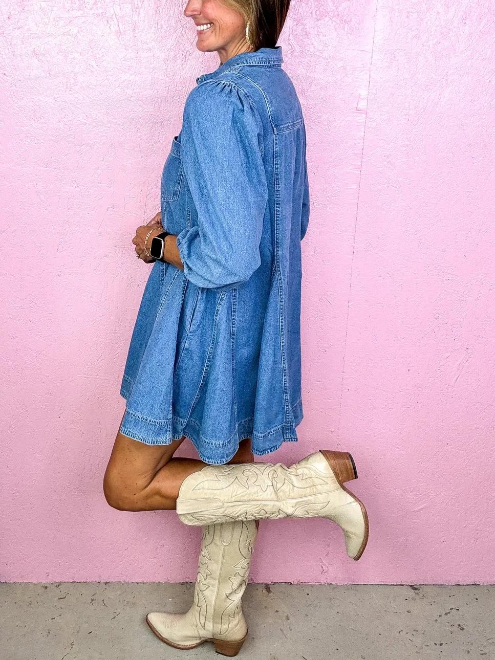Women's Flowy Button Down Flirty Denim Dress