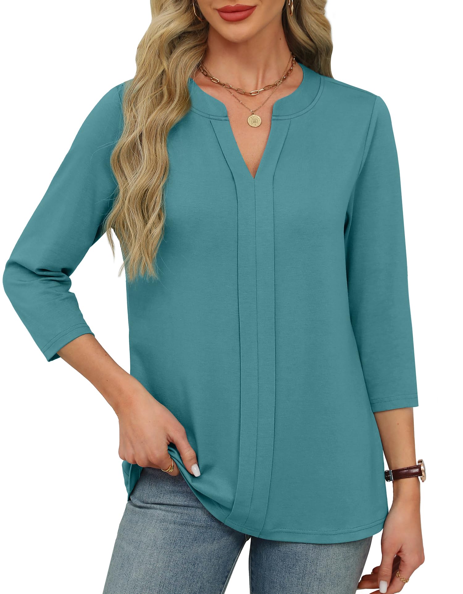 Womens 3/4 Length Sleeve Tops V Neck Pleated Work Blouses(buy 3 free shipping)