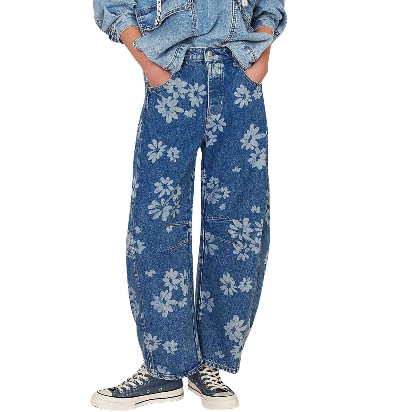 Women's Mid-rise Floral Print Cropped Loose Wide-leg Jeans