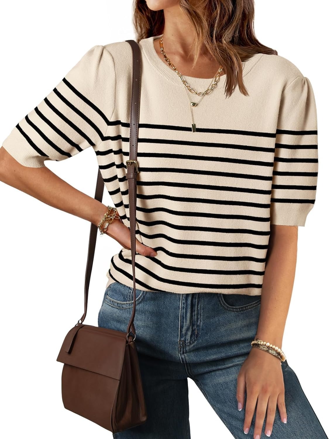 Women's Casual Striped Puff Sleeve Knit T-Shirts Top