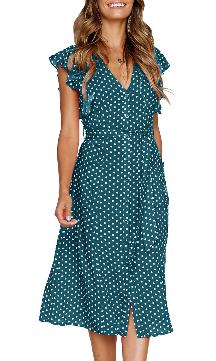 Women's Boho Polka Dot Short Sleeve V Neck Button Down  Midi Dress with Pockets
