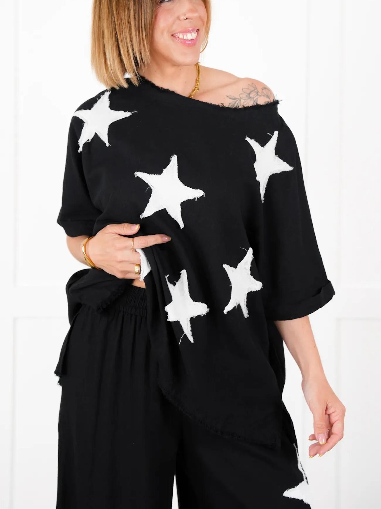 Women's Short Sleeve Top And Wide Leg Pant Set With Star Patch Detail(50% OFF🔥)