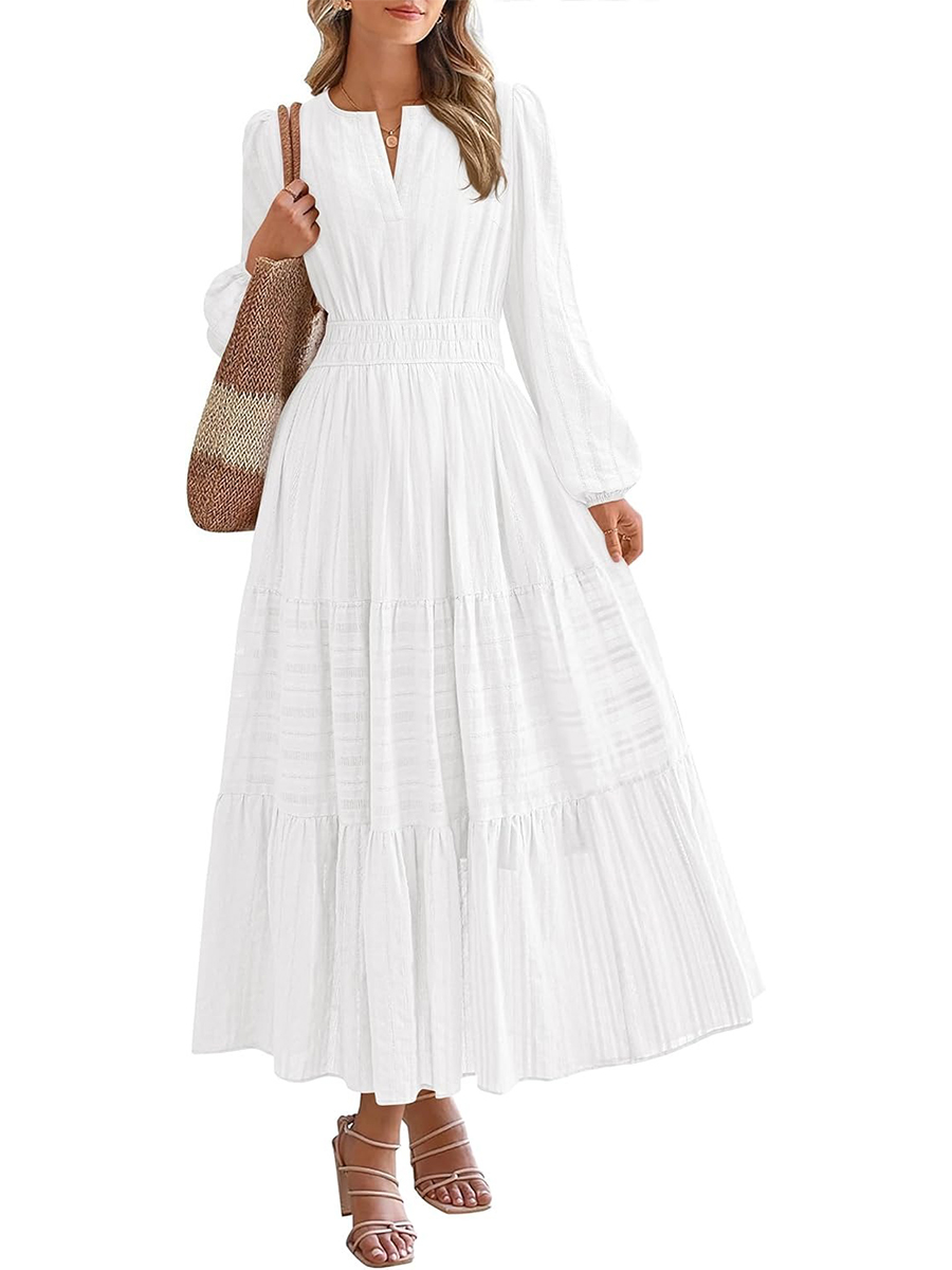 Women's Casual Long Sleeve V Neck Elastic Waist Lightweight Maxi Dress