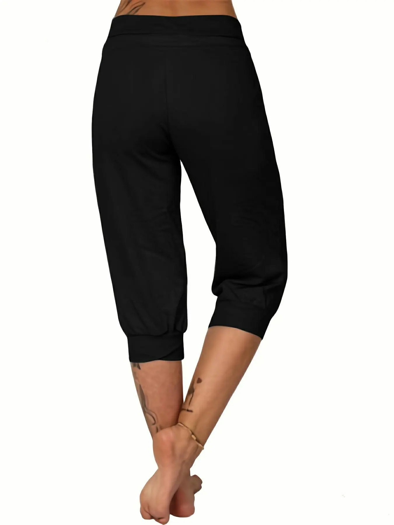 Women's Plain Drawstring Waist Capris Pants With Pockets