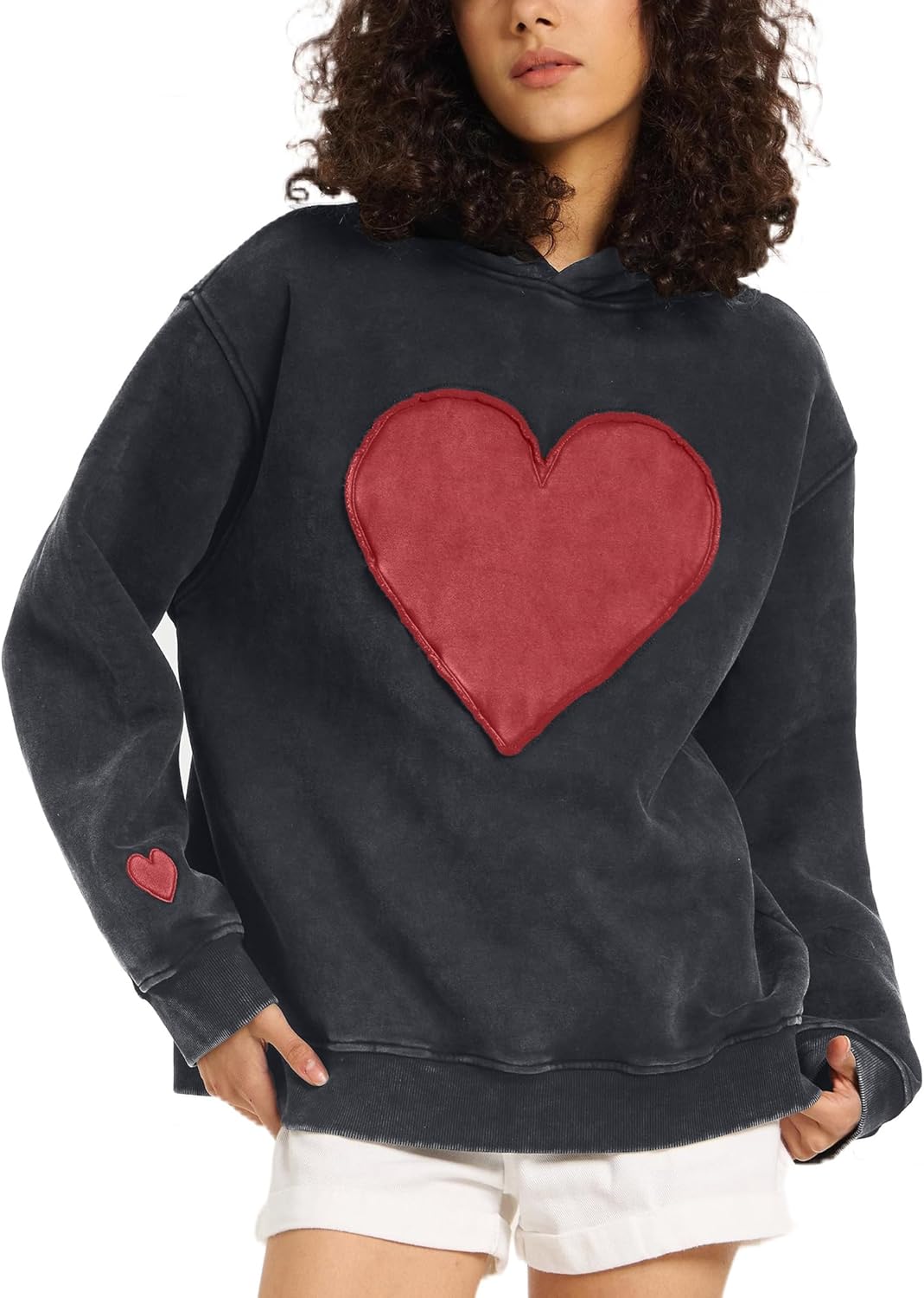 Women's Oversized Heart Patch Couples Hooded Sweatshirts